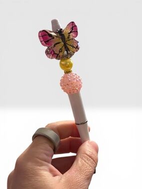 Butterfly Beaded Pen | Pink & Gold Rhinestone Ink Pen | Handmade Bling Pen